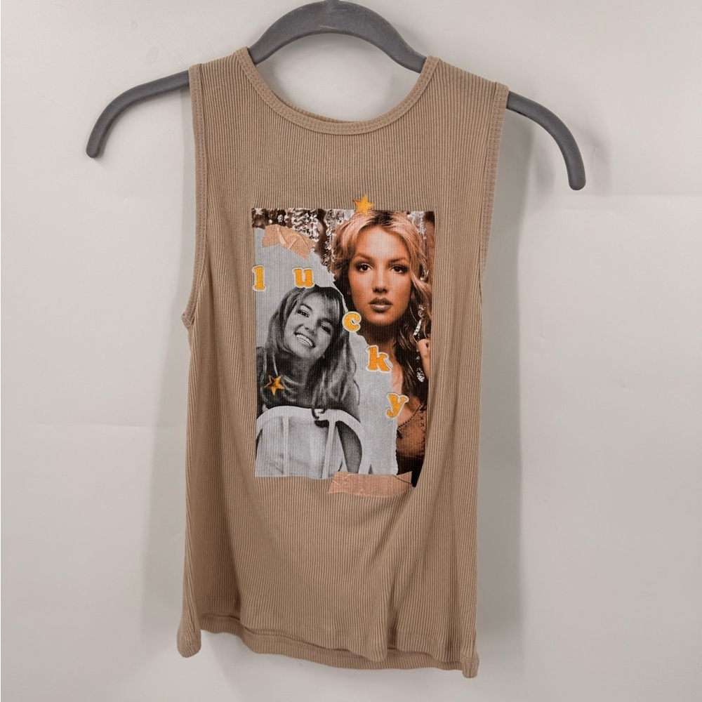 Britney Spears Y2K Lucky Graphic Ribbed Tank Top Tan Light Brown Womens Size XS